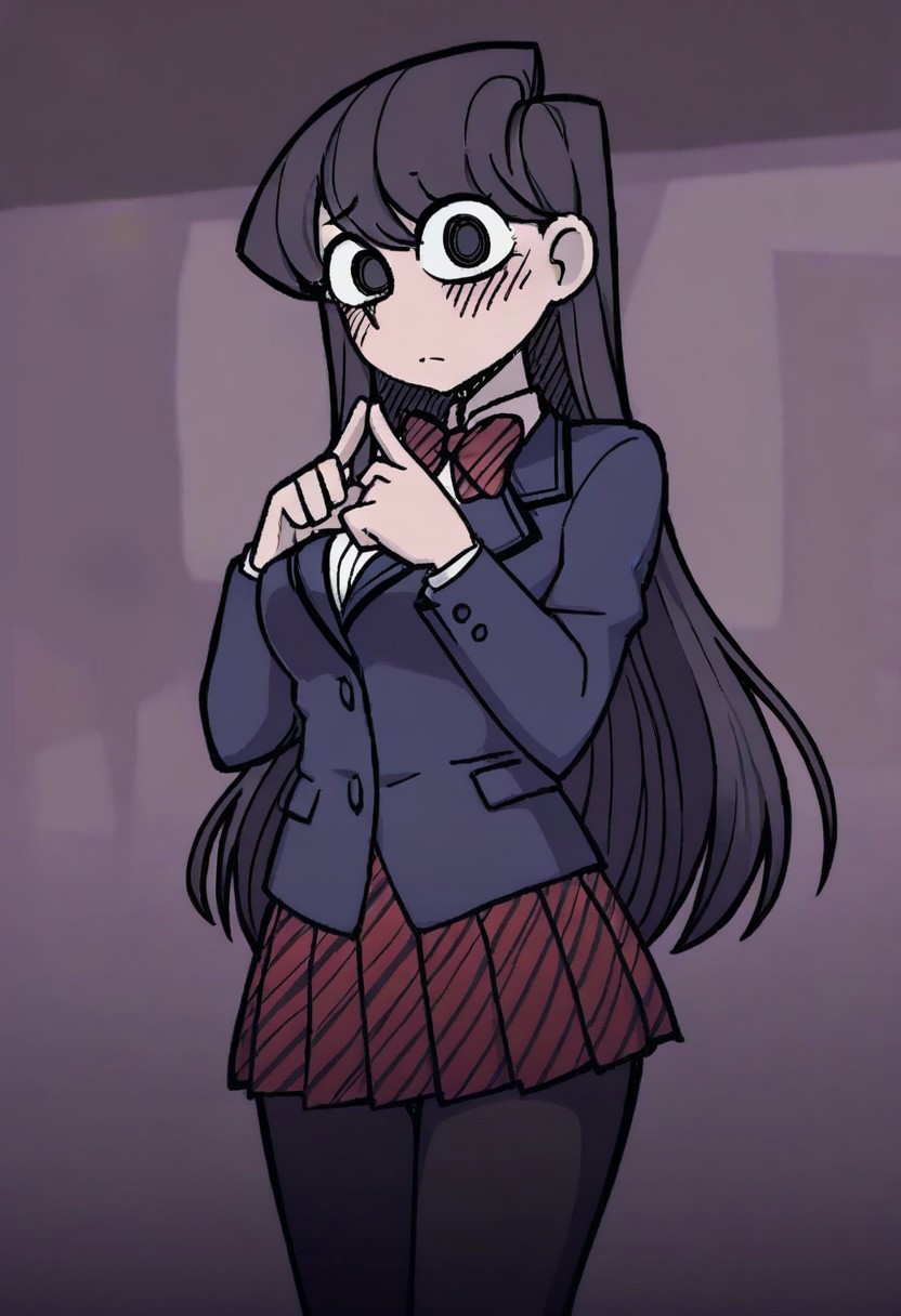 Masterpiece, best quality, aesthetic, high resolution, 1girl, solo, female, komi_shouko, black eyes, dark purple hair, long hair, school uniform, red bowtie, blue jacket, blazer, long sleeves, striped, pleated skirt, red skirt, black pantyhose, looking at viewer, index fingers together, shy, blush, 
Vanripper