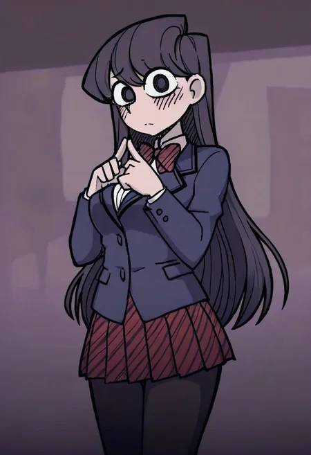 Masterpiece, best quality, aesthetic, high resolution, 1girl, solo, female, komi_shouko, black eyes, dark purple hair, long hair, school uniform, red bowtie, blue jacket, blazer, long sleeves, striped, pleated skirt, red skirt, black pantyhose, looking at viewer, index fingers together, shy, blush, 
Vanripper