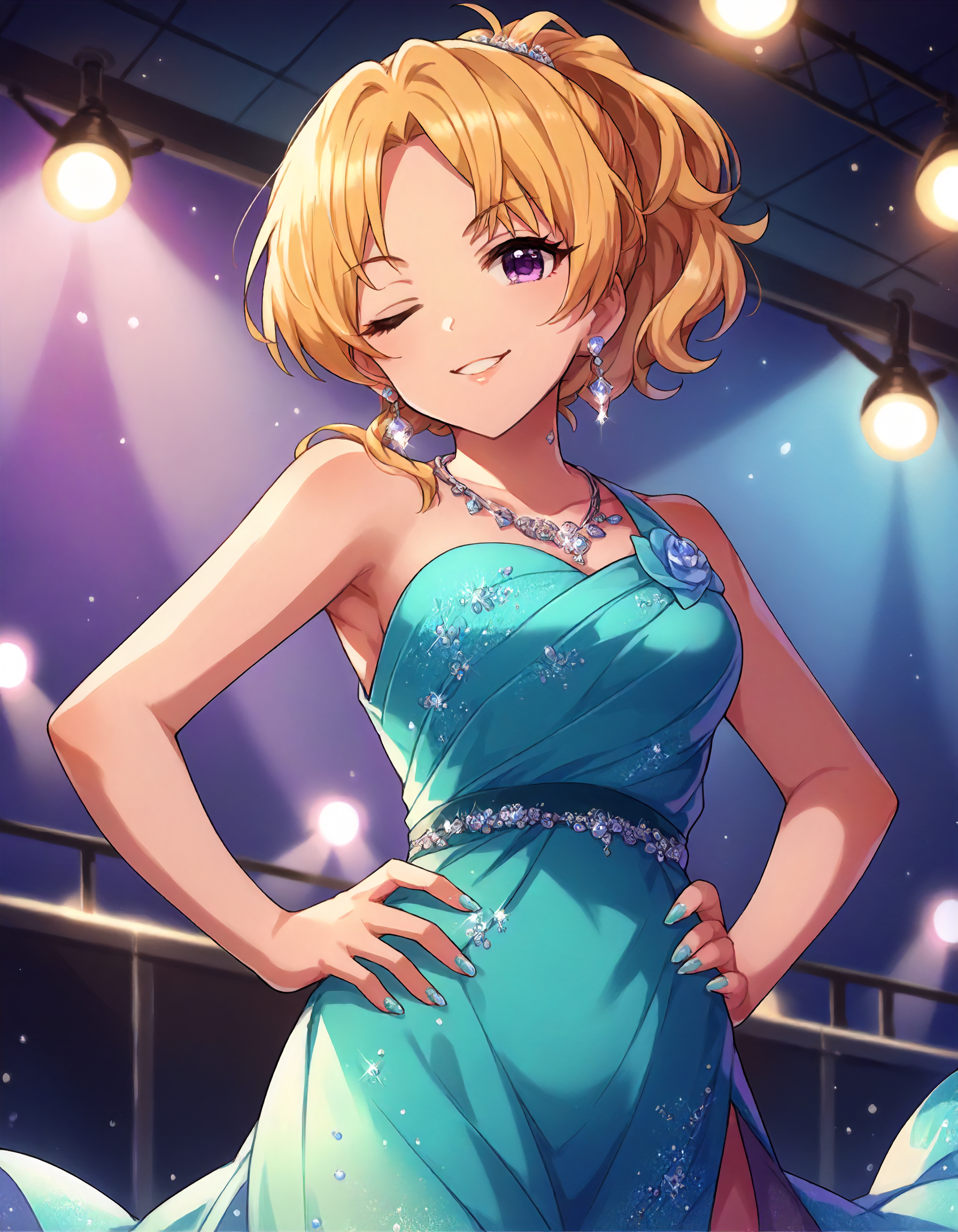 score_9,score_8_up,score_7_up,1girl,solo,cowboy shot,looking at viewer,smile,wink,parted lips,indoors,stage lights,hands on hips,
<lora:kiryuutsukasa_ponyXLV6:0.8>,cgkt,blonde hair,parted bangs,ponytail,purple eyes, 
earrings,necklace,bare shoulders,cyan dress,nail polish