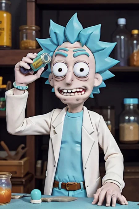 1man, (80's anime style), <lora:rickSanchezLora_v10:0.4> Rick Sanchez, claymation working as alchemist in a lab, holding a vial, countertop
