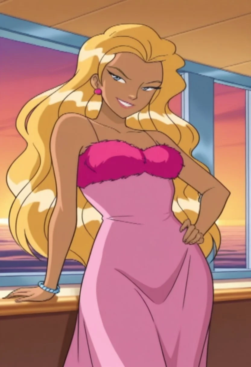 32k_uhd, fine details, intricate details, highest quality, perfect anatomy, perfect face, detailed face, detailed eyes, digital artwork, very aesthetic, concept art, masterpiece, best quality, amazing quality, ultra-HD, high resolution, ultra-detailed, absurdres, illustrative, highly detailed, detailed eyes, detailed hair,
snnyd@y_totally_spies, blue eyes, blonde hair, long hair, wavy hair, voluminous hair, beautiful, close up, seductive smile, smilling, happy, enjoying, pink dress, long dress, bracelets, covered legs, detailed background, pinup, sexy pose, cowboy shot, standing, looking at the viewer, on the cruise ship, sunset,