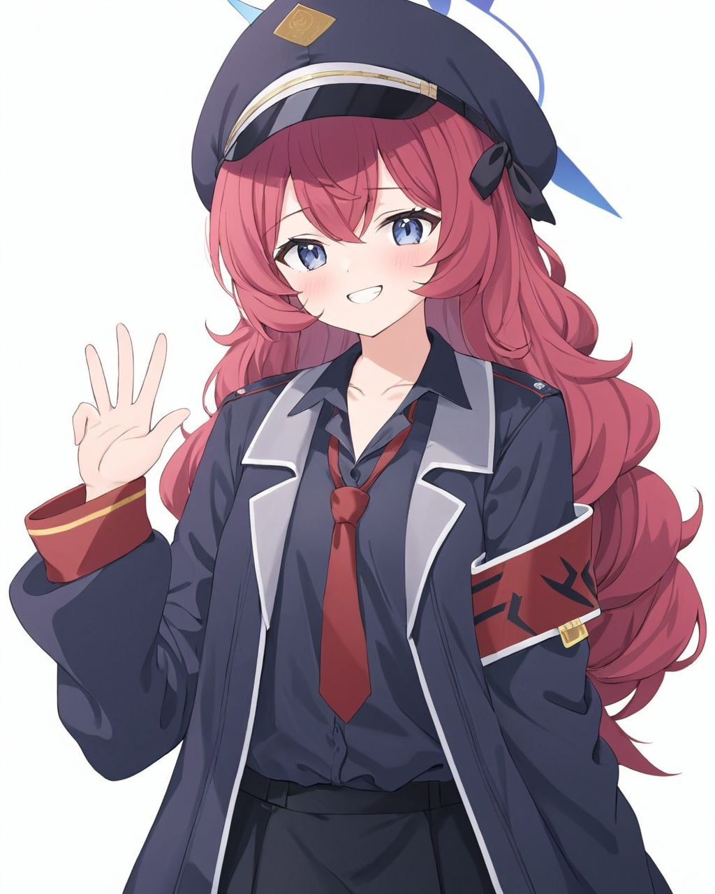 iroha \(blue archive\),1girl, solo, red_necktie, halo, black_shirt, looking_at_viewer, armband, military_hat, military, military_uniform, collared_shirt, grin, simple_background, peaked_cap, black_headwear, long_sleeves, military_jacket, hand_up, white_background, collarbone, star_\(symbol\), open_jacket, black_jacket, loose_necktie, blush, claw_pose, black_skirt, black_ribbon
<lora:iroha_(blue_archive)_image99_batch3_v1-000045:1>,halo,. gorgeous,key visual, vibrant, studio anime,award-winning, professional, highly detailed,high budget, cinemascope