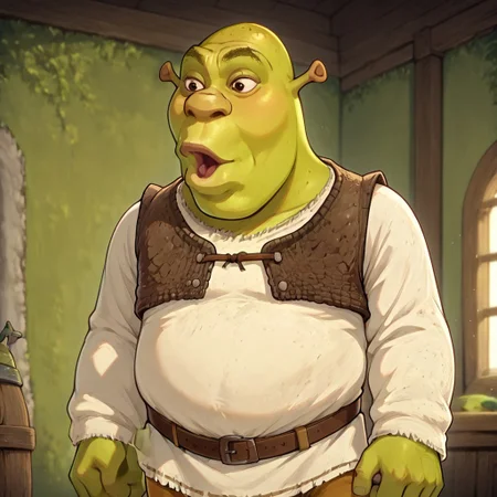 masterpiece, best quality, newest, absurdres, highres, anime, anime style, POG-V1.0IL, pogchamp (meme), meme, :o, 1boy, shrek, bald, green skin, brown vest, white shirt, brown belt, pants,