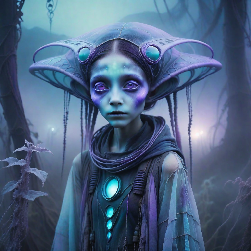 albedo, aliendance, eulera, alien female, Muted pastel and grunge tones mixed together, Ethereal and atmospheric, Bioluminescent rim lighting, Hazy dreamlike fog in the background, Muted Pastel Grunge alien_wanderer, <lora:artfully_YOUNGALIEN_SDXL:0.8>,