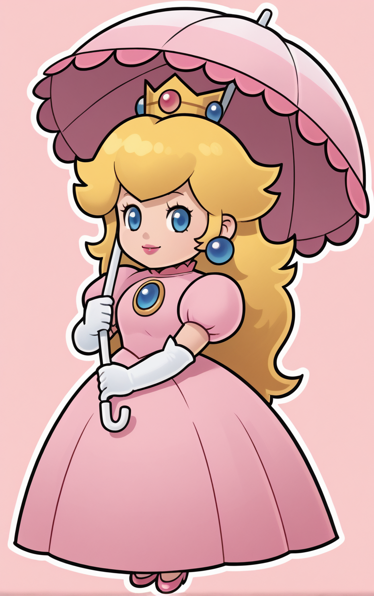score_9, score_8_up, score_7_up, looking at viewer,  BREAK
Umbrella_PaperPeech_ownwaifu, 
princess peach, 1girl, blonde hair, umbrella, pink dress, long hair, elbow gloves, crown, jewelry, earrings, parasol, lipstick, chibi, outline, gem, white gloves, long dress, puffy short sleeves, solid oval eyes
(contrapposto, hand on hip),
<lora:PONYXL_PaperPeech_ownwaifu:0.7>