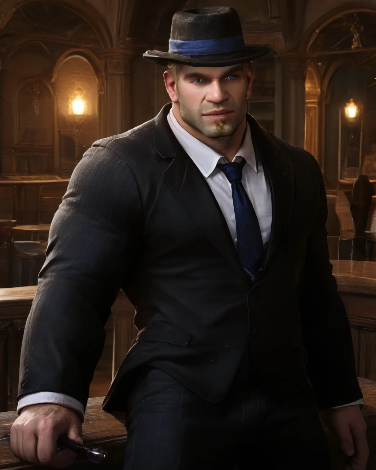 1man, male, damon_baird, suit, formal, ties, fedora, (gothic town, wizarding world, holding wand), blonde hair, looking at viewer, muscular, blue eyes, beard <lora:Damon_Baird_PonyXL-13_Test:0.9>, score_9, score_8_up, score_7_up,