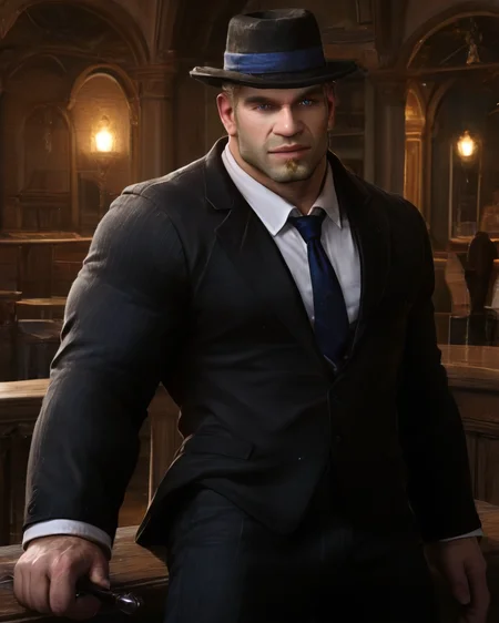1man, male, damon_baird, suit, formal, ties, fedora, (gothic town, wizarding world, holding wand), blonde hair, looking at viewer, muscular, blue eyes, beard <lora:Damon_Baird_PonyXL-13_Test:0.9>, score_9, score_8_up, score_7_up,