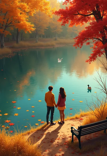 ✏️ Prompt: Autumn pond, colorful autumn leaves floating on it ((yellow, orange, red, burgundy)), a duck swimming, withered yellowed grass on the shore, a bench strewn with autumn leaves, a sunny autumn day, a man and a woman standing on the shore of the pond, holding hands