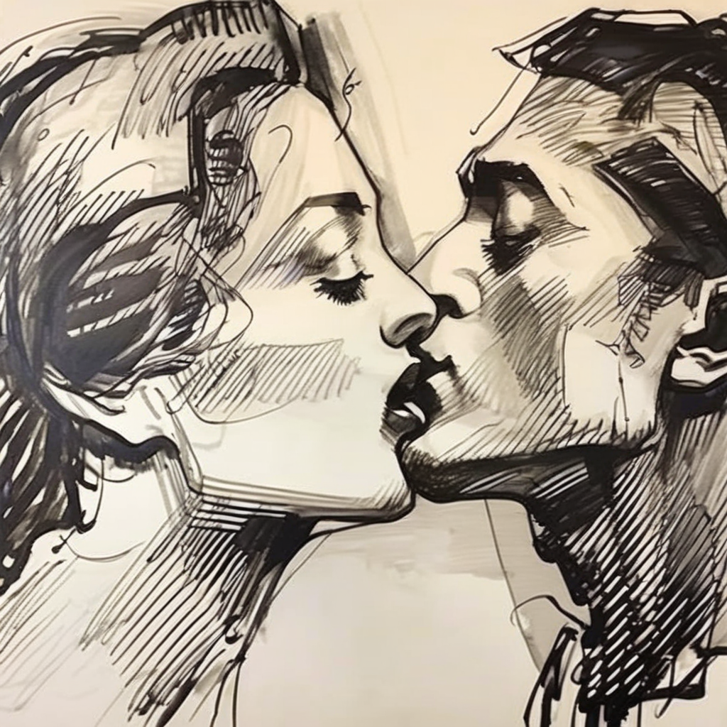 drawix6 kissing lovers, girl and man, expressive, black ink <lora:drawix6:1>