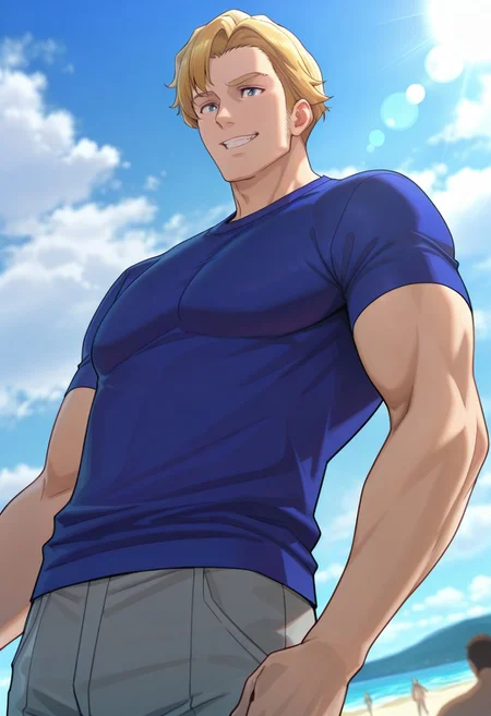 safe_pos, safe_pos, score_9, score_8_up, score_7_up, score_6_up, perfect anatomy, perfect proportions, best quality, masterpiece, high_resolution, high quality, best aesthetic, incredibly absurdres, highres, extremely detailed, huge filesize, solo male, adult, mature, masculine, manly, handsome, charming, alluring, seductive, heroic, standing, upper body, dutch angle, cowboy shot, perfect face, perfect eyes, source_anime, anime coloring, BBBSmith, Lewis Smith \(Brave Bang Bravern\), blue eyes, kataka t-shirt, blue t-shirt, blue t-shirt that says "トリコロール", short sleeve, grey shorts , low angle, cinematic still, emotional, harmonious, vignette, bokeh, cinemascope, moody, epic, gorgeous, outdoor, sky, day, beach, grin, from front