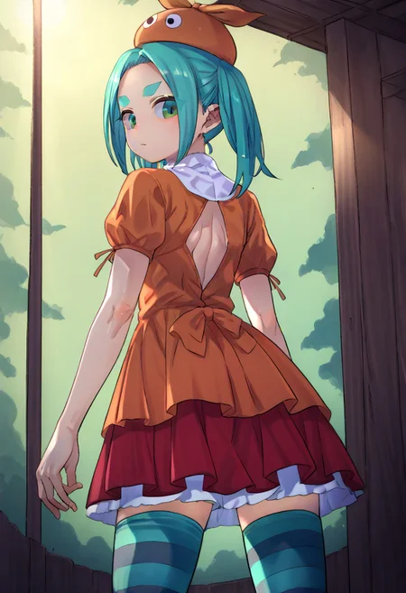 (zPDXL3),
(zPDXLxxx),
1girl,
solo,
ononoki yotsugi, highres, twintails, aqua hair, green eyes, thick eyebrows, orange headwear, orange dress, striped thighhighs, expressionless,
back,
looking back,
medium shot,
from below,
from behind,