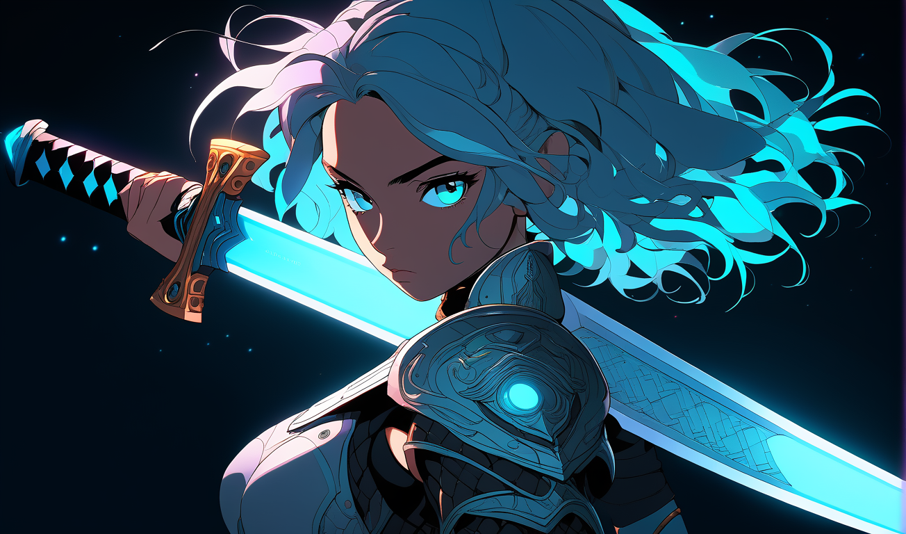 sword focus, masterpiece, best quality, 1girl, solo, futuristic, holding intricate sword, looking at viewer, black background, simple background, glow in the dark, sci-fi, multicolored hair, aqua eyes, warrior