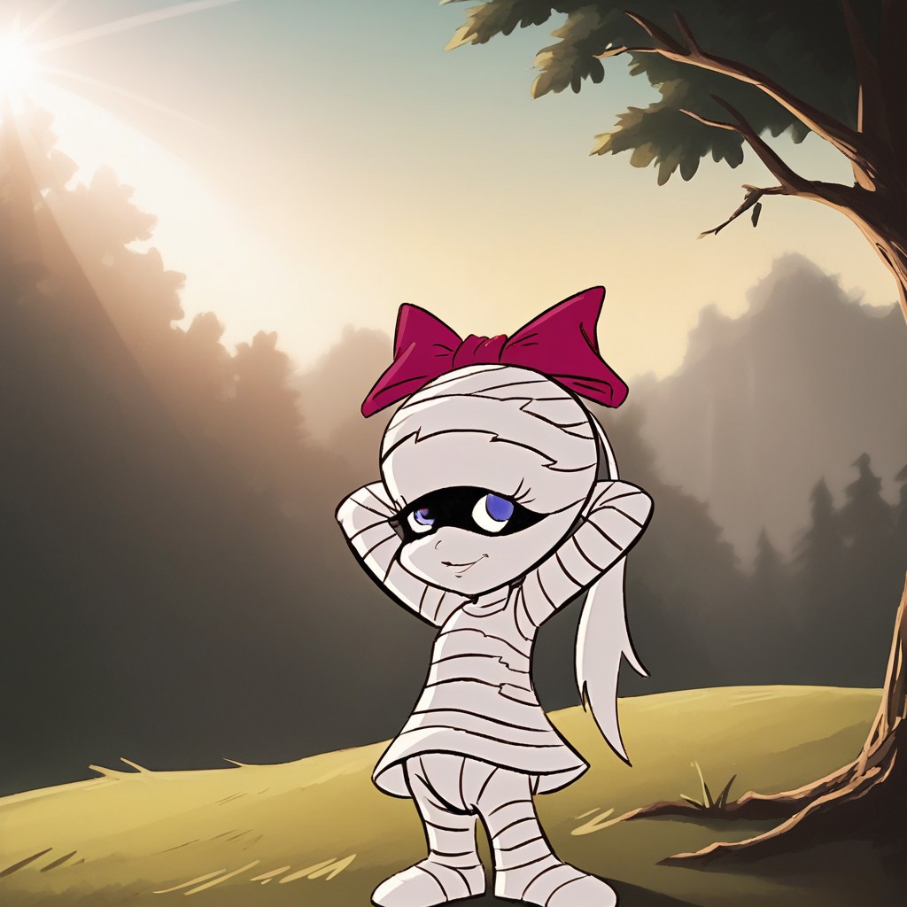 score_9, score_8, score_9, BREAK, tanis, mummy girl, bandages, bow, hands behind head, outdoors, natural lighting, sunlight