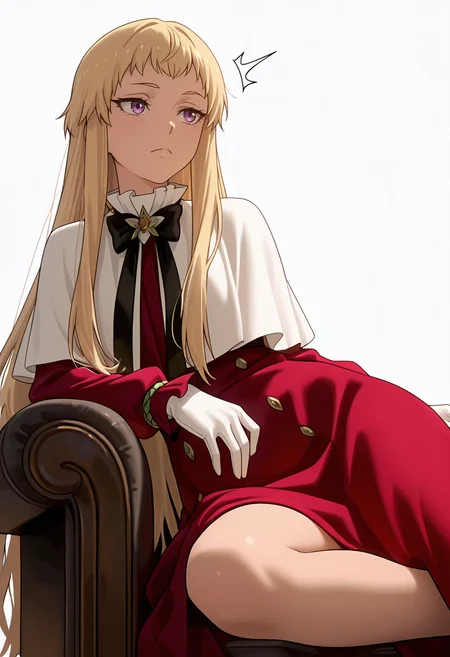 Smooth Quality,masterpiece,very intricate, high quality details, ultra realistic, high detailed skin,detailed enviorement,absurdres,
simple background, white background,solo,
reclining, one leg over other, arm on backrest, calm, composed,  ,from below,^^^,
 <lora:Mariabell_Rosso_cnn:0.8> maricnn,1girl, long hair, blonde hair, purple eyes, frown, very long hair,red dress, long sleeves,white capelet,black bowtie,white gloves,
