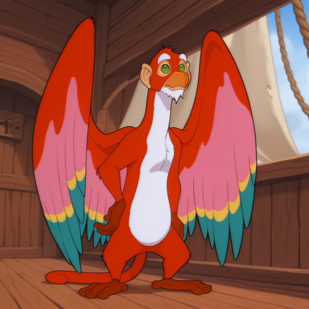 masterpiece, best quality, amazing quality, NiddlerPoDWil, semi-anthro, male, avian monkey, red feathers, wings, green eyes, white goatee,, solo, full body, standing, on a pirate ship, <lora:2f6e2565-fda2-4de6-b20c-d75146940958:1.0>