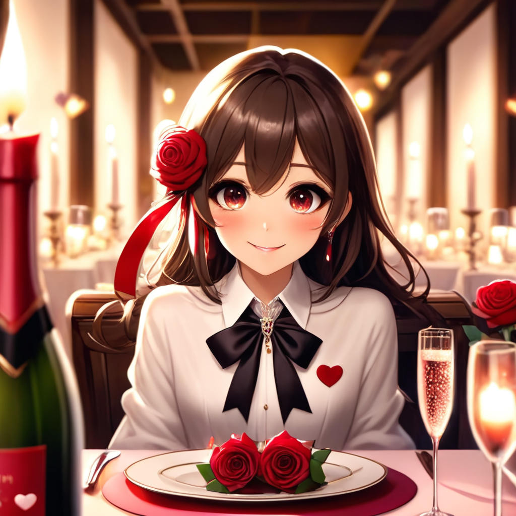ValentinesDateSDXL,1girl,solo,long hair,cute face,(((whole upper body))),(((Whole head in frame))), (((whole face in frame))), uneven hairline, thick hair,flooking at viewer,blush,smile,bangs,brown hair,shirt,ribbon,jewelry,sitting,jacket,white shirt,flower,earrings,food,cup,petals,black ribbon,neck ribbon,depth of field,rose,table,bottle,knife,red flower,plate,champagne,drinking glass,red rose,fork,candle,wine glass, fancy champagne glass,candlestand,champagne flute,champagne,pov across table ,valentine,valentine style,nice hands, <lora:ValentinesDateSDXL:1>,valentine style,fancy  champagne, <lora:pepe_frog SDXL:0.8> pepe_frog