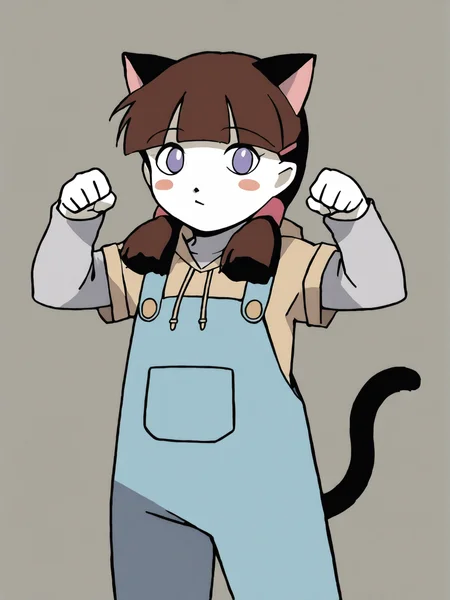 score_9, score_8_up, score_7_up, score_6, source_anime, 1girl, <lora:BigO_PDXLv1c Tami:0.9> tami_(the_big_o), pale skin, brown hair, blush stickers, purple eyes, twintails, hairclip, blue overalls, tan hoodie, gray long sleeves, standing, (simple background), cat ears, cat tail, paw pose, 1990s \(style\), uwu, :3:.1.2