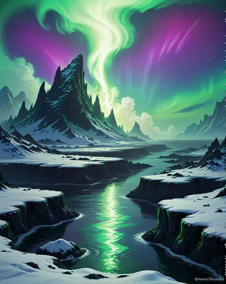 dark fantasy Lava delta coastline where obsidian beaches birth steam tornadoes,Tundra midnight: Aurora borealis reflecting off snow in emerald ghostlight,
random party of adventurers in landcscape,
 <lora:ral-dark-fantasy-il:0.15> dark fantasy, eldritch horror, mythology, apocalyptic,
<lora:extremely_detailed:0.8> extremely detailed,
<lora:DetailMaximizer:0.5>,
 <lora:Dream Scenery XL:0.4> Dream Scenery,
<lora:add-detail-xl:0.3>,
detailxl