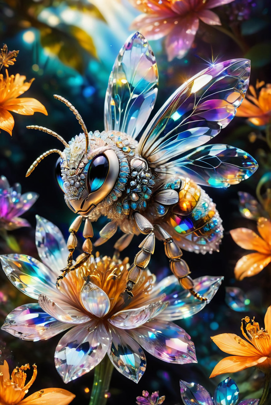 A close-up of a vibrant, colorful crystal flower with intricate, detailed petals. A delicate bee rests on the flower, its wings displaying a spectrum of iridescent colors. The background is softly blurred, creating a dreamy, surreal, and magical atmosphere that enhances the focus on the crystal flower and bee. The scene captures the essence of a fantastical, otherworldly garden, with the hyper-realistic details of the flower and bee bringing the image to life.
close-up, crystal flower, vibrant colors, detailed petals, intricate, bee , iridescent wings, soft blurred background, dreamy, surreal, magical, hyper-realistic, fantastical, otherworldly, garden, enchanting, detailed, colorful, captivating, whimsical, ethereal, vivid, nature-inspired, fairy tale-like.
<lora:ral-swarcrystl-sdxl:0.8> ral-swarcrystl,
<lora:add-detail-xl:1.0>,
<lora:EnvyBetterHiresFixXL01:1.0>,
<lora:extremely_detailed:1.0>, extremely detailed,
<lora:EldritchMixIllustration_1.1:0.25>,
<lora:SDXLFaeTastic2400:0.6>,