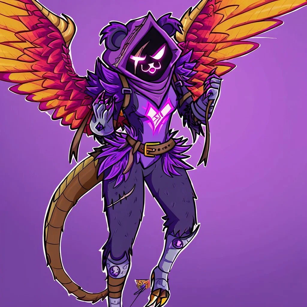 Raven Team Leader, 1girl, masterpiece, best quality, purple hood, faceless, shaded face, animal ears, dark skin, purple skin, scar on eye, (furry), (body fur:1.2), purple fur, belt, straps, :3, torso symbol, metal gloves, metal boots, Yharon , golden horns, tail, dragon, bird, claws, no human, 4 eyes, feathered wings, talons, sharp teeth, intricate wing details, red and gold scales, glowing emerald eyes, large fiery wings with orange and green feathers,