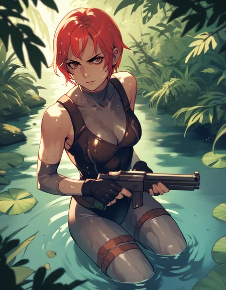 <lora:regina-dc-ponyxl-000050:1> regina, bodysuit under clothes, fingerless gloves, leotard, detached sleeves,
shotgun, partially submerged, sweat, wet, river, jungle, score_9, score_8_up, score_7_up, score_6_up, score_5_up, score_4_up