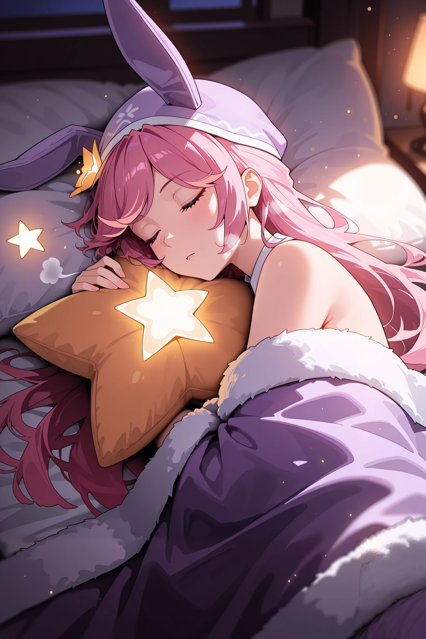 Masterpiece, best quality, ultra-detailed, absurdres, newest, cinematic, warm atmosphere,  
1girl, solo, kaguraexorcist, long pink hair, bangs, sidelocks, pink eyes, pastel purple pajama, loose silky pajama, cute bunny sleeping cap, fluffy pillow, lying on bed, hugging star-shaped pillow, peaceful expression, soft breathing, slightly messy hair, blanket partially covering body, cozy dim lighting, soft warm glow, blurred fairy lights in background, cinematic depth of field, painterly aesthetic, ultra sharp details  
