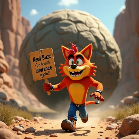 A Crash Bandicoot is running away from a large rolling boulder, reminiscent of the classic scene from Indiana Jones. In its paws, it holds a cardboard sign that reads 'Need Buzz for health insurance again!!'. The cat's expression is one of sheer panic, capturing the frantic urgency of the moment. The scene combines humor and action, with the boulder looming menacingly in the background.