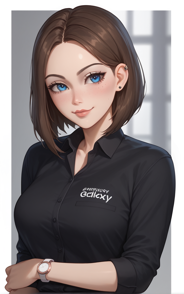 score_9, score_8_up, score_7_up, BREAK
MEME_SamsungSam_ownwaifu, samsung sam,
1girl, blue eyes, brown hair, eyelashes, freckles, makeup, medium hair, mole under eye, short hair, nail polish, blue nails, watch, wristwatch, ear piercing, breasts, piercing, jewelry, lips, large breasts,  earrings, sleeves rolled up, parted bangs, buttons, collarbone, sleeves pushed up, forehead,
black shirt, blue pants, clothes writing, jeans, collared shirt, denim, cleavage, high-waist pants, shirt tucked in,
(portrait, head tilt, looking at viewer), straight-on,  white border, bokeh, <lora:PONYXL_MEME_SamsungSam_ownwaifu:0.8>, solo,