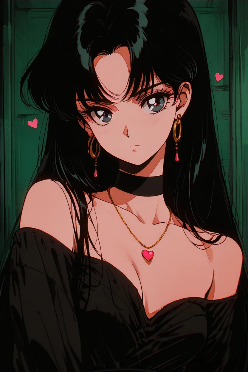 masterpiece, best quality, 1girl, solo, eyelashes, (beautiful eyes), 1girl, solo, long hair, looking at viewer, bangs, black hair, dress, bare shoulders, jewelry, collarbone, upper body, heart, earrings, choker, necklace, off shoulder, black eyes, black dress, parted bangs, black choker, film grain, long hair, looking at viewer, black hair, bare shoulders, upper body, off shoulder, black dress, black choker, hoop earrings, 1980s (style), film grain, hino rei ,<lora:GothRetroIXL:1.0>,