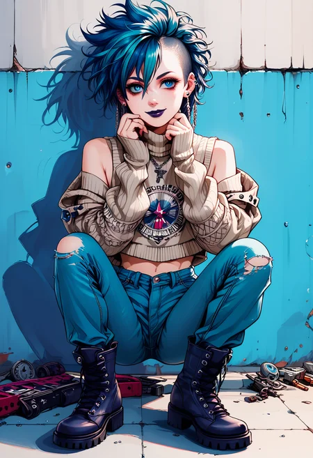 score_9, score_8_up, score_7_up, score_6_up,  (lovely punk) young woman, british, bright blue eyes, light skin, Average build, wearing a distressed knit sweater with shredded sleeves,torn skinny jeans,knee-high combat boots, deep shade of indigo hair, messy space buns hair with shave sides, ear piercings, dark lipstick,adorned with silver chains and safety pins, set in  a graffiti-covered skatepark nestled among urban decay, with concrete ramps, rails, and ledges adorned with colorful street art and tags, woman smiling, masterpiece,best quality, detailed