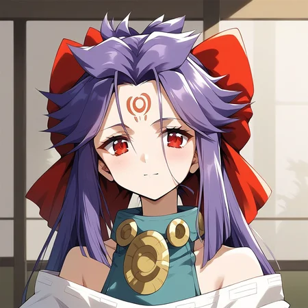 score_9, score_8_up, score_7_up, source_anime, rating_explicit, BREAK <lora:kakurine_Ver2.1_XL:1> kakurine, forehead mark, red eyes, purple hair, long hair, sidelocks, hair bow, red bow, collar,
headshot.
tatami, Japanese room,