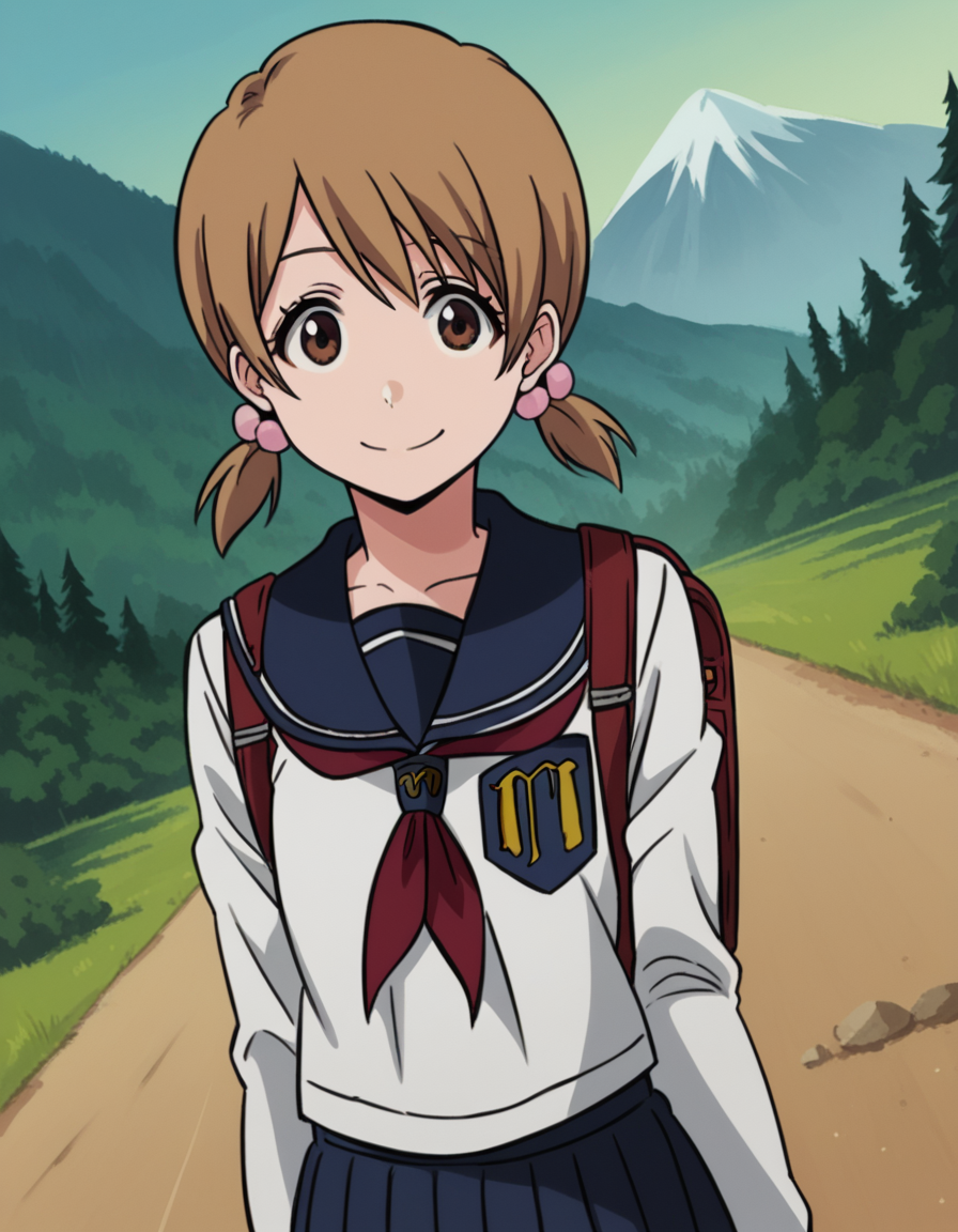 score_9, score_8_up, score_7_up, source_anime, <lora:yuzu-kurosaki-anime-ponyxl-lora-nochekaiser:1>, yuzu, short hair, brown hair, brown eyes,, twintails, short twintails, school uniform, serafuku, neckerchief, red neckerchief, skirt, blue skirt, pleated skirt, long sleeves, white shirt, shirt, sailor collar, blue sailor collar,, mountain trail, hiking, nature, backpack, adventure, fresh air, smile, looking at viewer, knee bent, arm across chest, foot on ground, solo,, cowboy shot, dutch angle