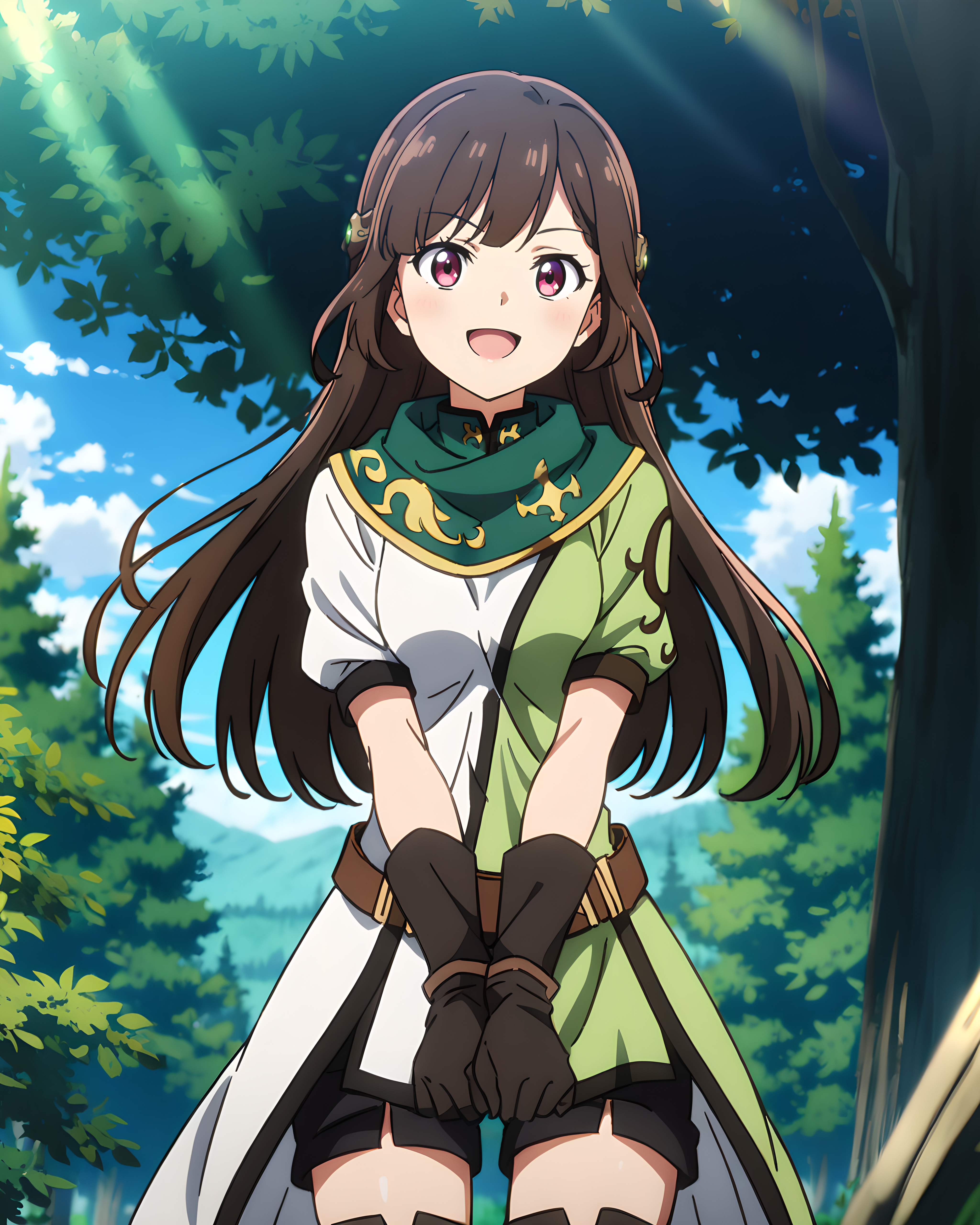 1girl, anime coloring, cowboy shot, standing, Rana, long hair, two-tone shirt, short sleeves, black gloves, black shorts, thigh boots, open mouth, smile, v arms, outdoors, forest, blue sky, sunlight <lora:Rana:0.6>