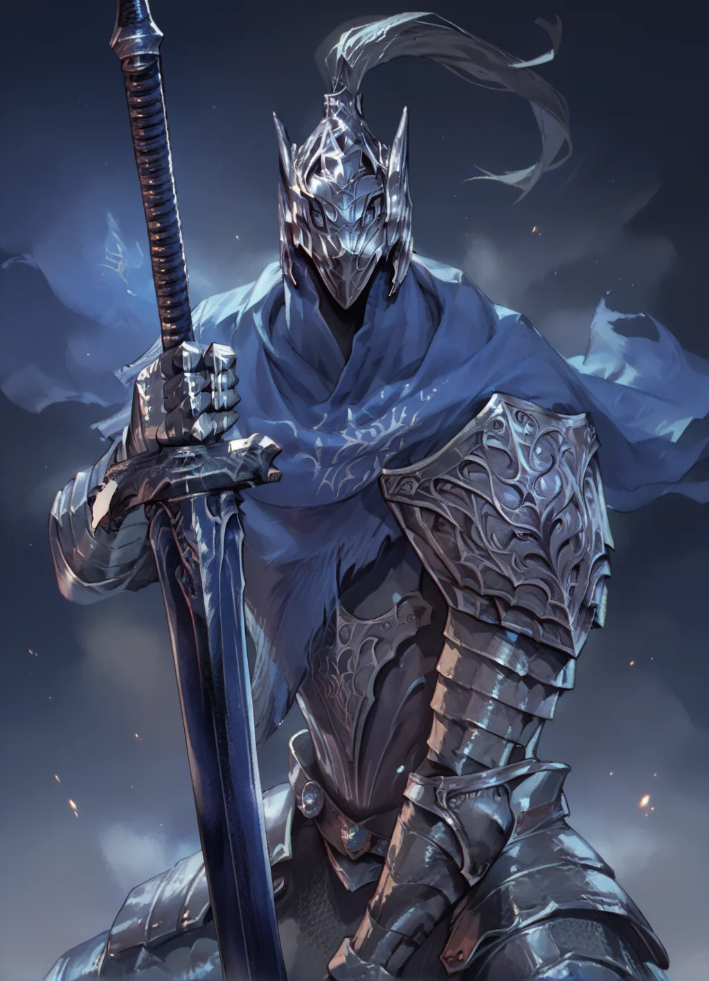 score_9, score_8_up, score_7_up, source_anime, score_6, 1boy, holding sword, lights,blurred background, (fog:1.2), blue background, solo, armor, artorias, helmet, <lora:Artorias:0.9>