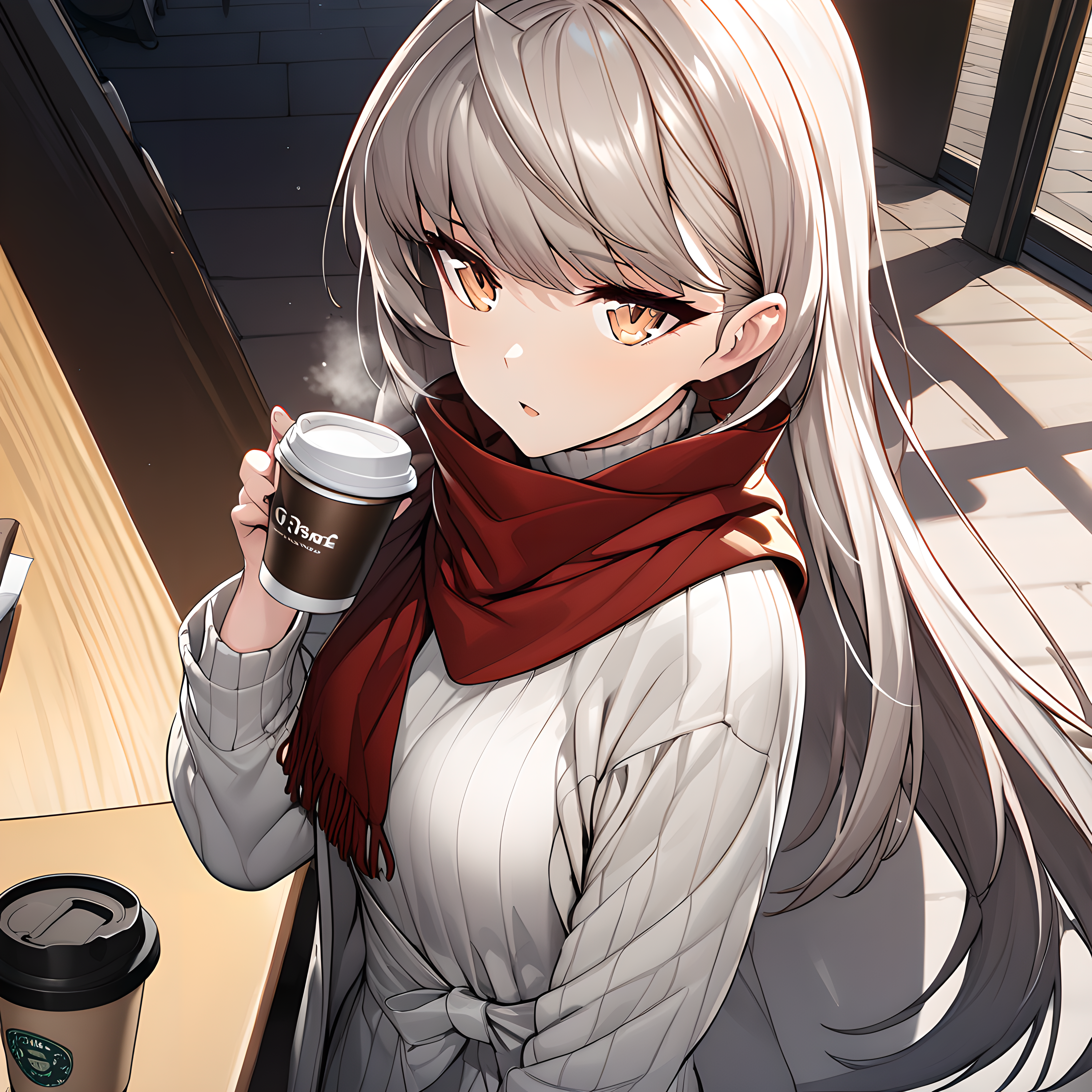 (masterpiece),(best quality),(ultra-detailed),(best illustration),(best shadow),(absurdres),(detailed background),(very aesthetic)hilde, cup, holding, coffee cup, holding cup, disposable cup, red scarf, white sweater, sweater, turtleneck, scarf <lora:Hilde_-_CounterSide_SDXL_Animagine_XL_3.1:1>