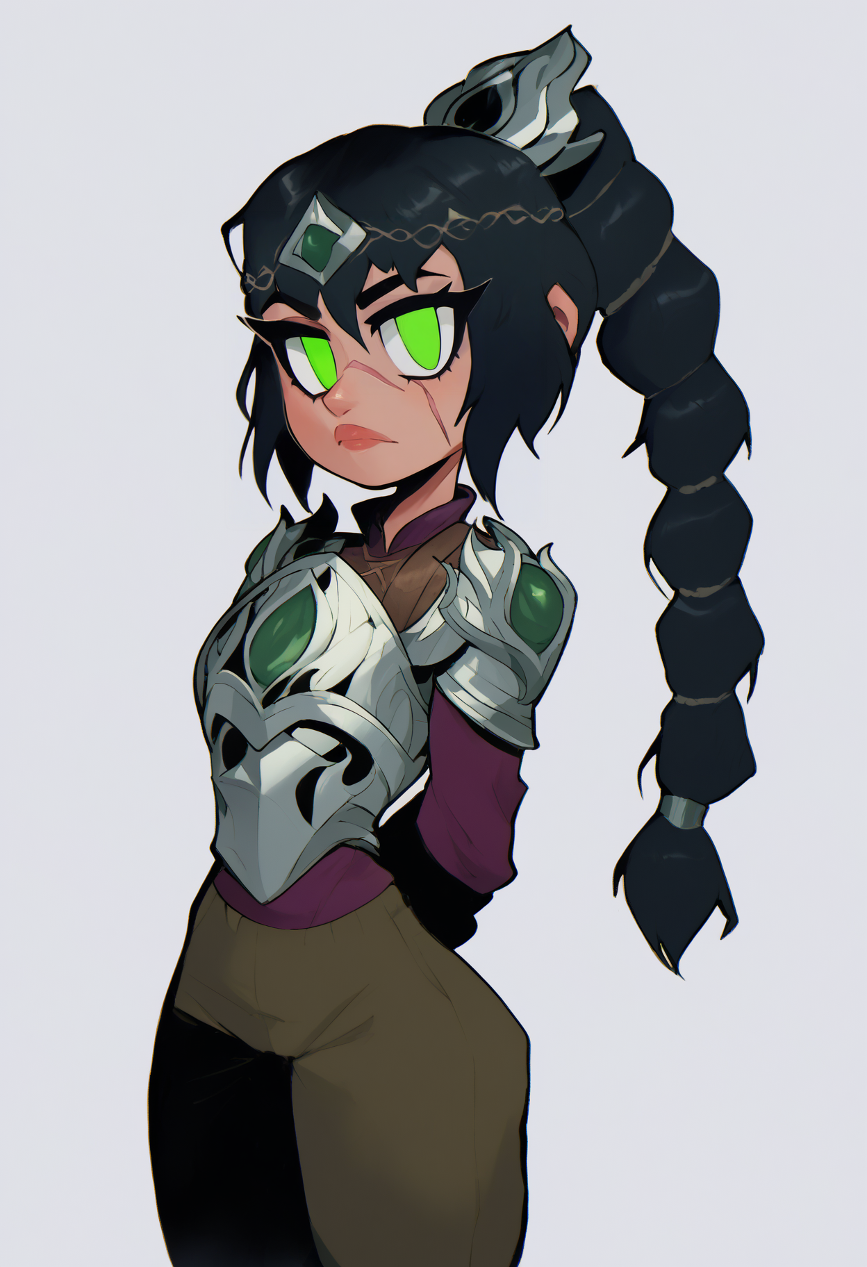 score_9, score_8_up, 1girl, solo, shadowheart, black hair, braided ponytail, no pupils, green eyes, scar on face, circlet, looking at viewer, armor, pants,
arms behind back, standing, looking at viewer, white background <lora:ShadowHeartXL:0.8>   <lora:ThiccverseXLLocon:1>