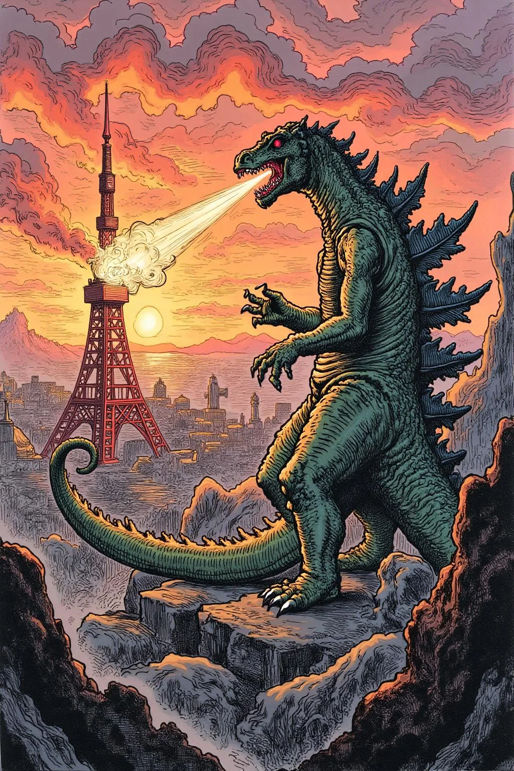 gusdore1 illustration. Godzilla breathing fire on Tokyo tower at sundown <lora:gusdore1_nocap_d4a2e8:1.0><lora:801218590209482780:0>