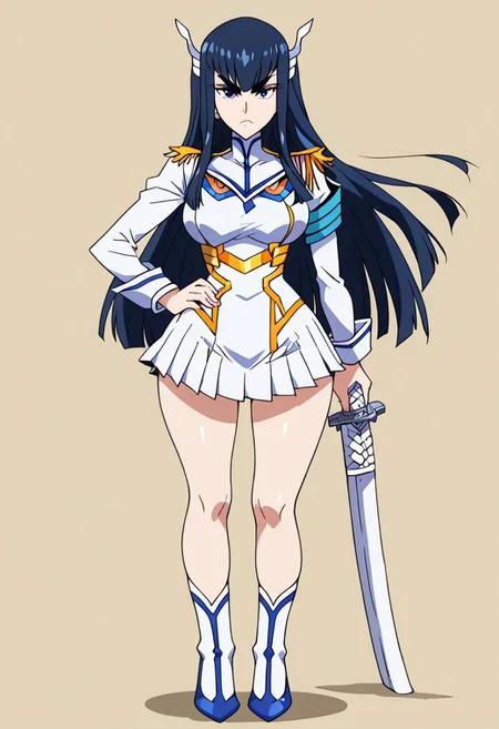 score_9, score_8_up, score_7_up, score_6_up, simple background, character sheet, looking at viewer, full body, 1girl, solo, character sheet, reference sheet, screencap ,MirandaPXL,1girl, solo, Kiryuuin Satsuki, long hair, blue eyes, white uniform, kuudere, cute, indoors, big breasts, seductive, thighs, legs, wide hips, one hand in hip, one hand with a katana