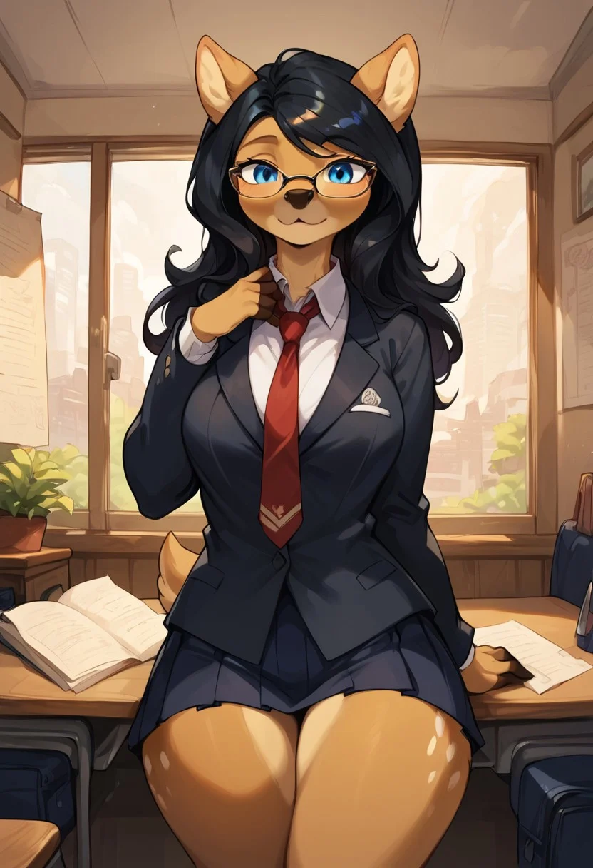 masterpiece, score_9_up, score_8_up, score_7_up, score_6_up, score_5_up, source_anime, (best quality:1.1), ultra-detailed, high resolution, solo, 1girl, Hira Ramachan, anthro, doe, brown fur, fluffy ears, black hair, deer, black deer nose, doe tail, female, long eyelashes, (beautiful detailed blue eyes), glasses, black suit, tie, Thick thighs, bottom heavy, School uniform, mini skirt BREAK indoors, School, geography map on the wall, indoors, chair, desk, BREAK Highly Visible, sharp focus, perfect lighting, anatomically correct, extremely detailed, high detail, Expressiveh, detailed background, OverallDetail, zPDXL3