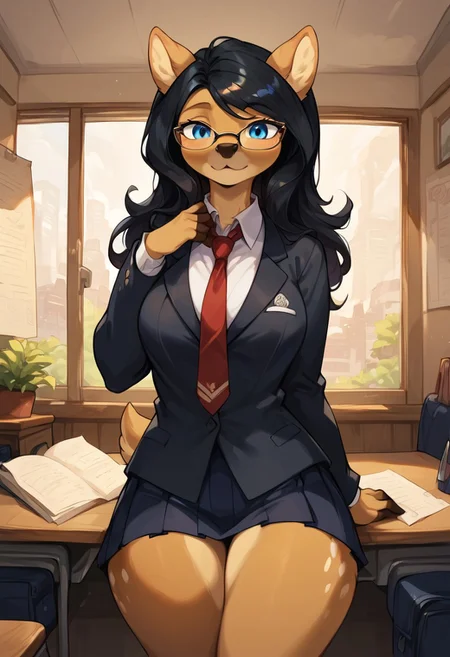 masterpiece, score_9_up, score_8_up, score_7_up, score_6_up, score_5_up, source_anime, (best quality:1.1), ultra-detailed, high resolution, solo, 1girl, Hira Ramachan, anthro, doe, brown fur, fluffy ears, black hair, deer, black deer nose, doe tail, female, long eyelashes, (beautiful detailed blue eyes), glasses, black suit, tie, Thick thighs, bottom heavy, School uniform, mini skirt BREAK indoors, School, geography map on the wall, indoors, chair, desk, BREAK Highly Visible, sharp focus, perfect lighting, anatomically correct, extremely detailed, high detail, Expressiveh, detailed background, OverallDetail, zPDXL3