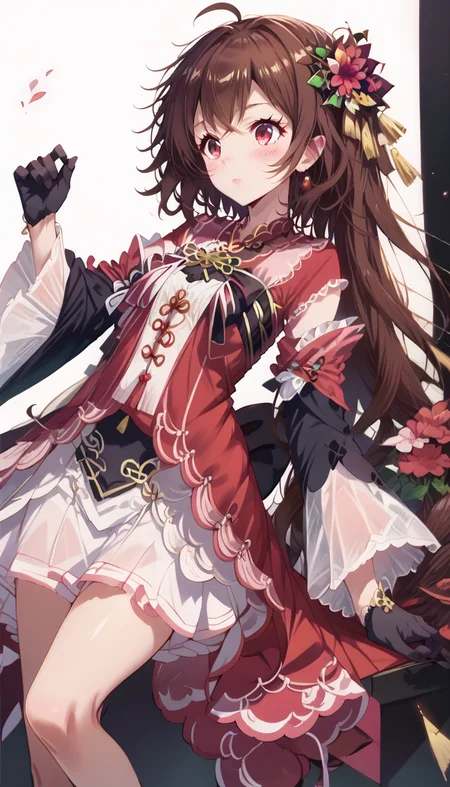 score_8_up,score_7_up,score_6_up,score_9,score_8_up,score_7,masterpiece,best quality,source_anime,blush,<lora:ponyå¨æ¼«ç»é£äºAmaiAnimePony:0.8>,<lora:Expressive_H:1>,<lora:Pony_å·é¸å¤§å:1>,1girl,bangs,brown hair,long hair,hair ornament,red eyes,dress,gloves,ahoge,black gloves,long sleeves,wide sleeves,jewelry,Chinese clothes,red dress, red footwear,detached sleeves,hair flower, ribbon,very long hair,white background, solo, looking to the side, seiza,