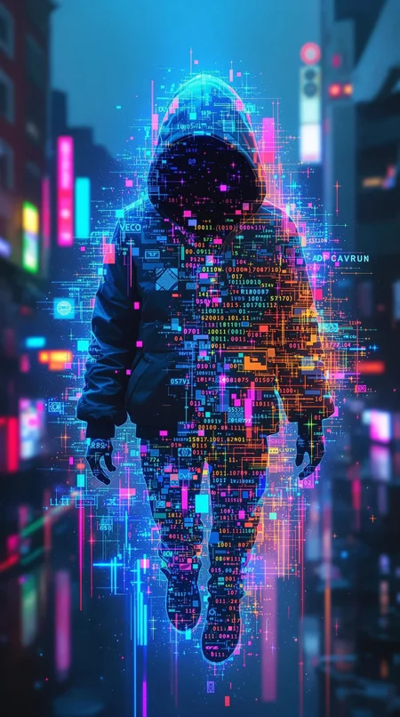 hyper realistic, Full body shot of an 1 hologram spirit, ambiguous gender, jacket, hood, hidden face, glitch, floating, solo, screens, (cyberpunk0.8), futuristic, sci-fi, masterpiece, best quality, amazing quality, very aesthetic, absurdres, newest chromatic_colors, fairytale_landscape, cute_creature, multicolored_fur, unicorn, sitting, rainbow, her form glitching and fracturing as if caught between realities. Her skin appears to shatter like glass, revealing a digital void beneath, with pixels and binary code spilling out. The glitch effect is intense, with vibrant neon colors (electric blue, magenta, and cyan) distorting her figure, creating a surreal, otherworldly atmosphere. The background is cityscape, reflecting the glitching effect.
(schizophrenia, split personality, surrealism, digital art, cyberpunk aesthetic, psychological horror, ultra-realistic details, dramatic lighting, high contrast, vivid colors, intricate textures), showcasing intricate details throughout, Cinematic, beautiful, vibrant, masterpiece, 32k, ultra HD, ultra-detailed, amazing quality, amazing artist, sharp edges, detailed textures, full view, atmospheric lighting, amazing visuals