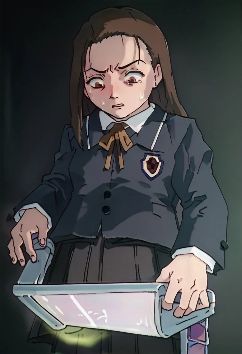score_9, score_8_up, score_7_up, score_6, source_anime, iwakura mika, ((school uniform)), complete darkness, completely dark, pitch black, full obscurity, no light, dark night, chibi, from below view, (((looking down, empty toilet paper dispenser))), sweating, terrified, scared, horrified, ((black background))