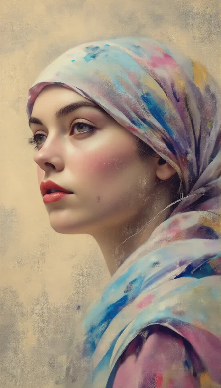 Half-length portrait of a young woman with veils covering her head,soft melancholic smile,vivid image of multiple layers,very watercolor and colored pencils,vivid and saturated colors,imitating Conrad Roset and Paul Klee and Gil Elvgren,hyper-detailed illustration,background textured,fluidity,<lora:niji_flux:1>,<lora:Grayscale_Dreams:1>,<lora:Magic of Art (FLUX):1>,, line art mastery, black and white contrast, etching techniques, printmaking art, detailed illustrations, woodcut effects, lithography, visual storytelling, graphic design, symbolic imagery, artistic prints, narrative engravings, cultural posters, minimalist aesthetics, dynamic compositions, technical precision, ink drawing, visual communication, emblematic scenes, artistic expression, Vector Art