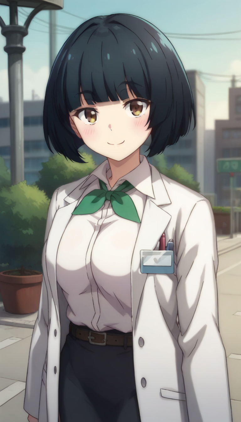 score_9,score_8_up,score_7_up,score_6_up BREAK official art,solo,outdoors,upper body,looking at viewer,facing viewer,smile,blush,Ubukata,short hair,black hair,bob cut,blunt bangs,brown eyes,labcoat,green bowtie,white shirt,collared shirt,dress shirt,long sleeves,medium breasts,skindentation,shirt tucked in,belt,pencil skirt,black skirt,high heels,black footwear,<lora:Ubukata(rf)-Pony:1.4>,