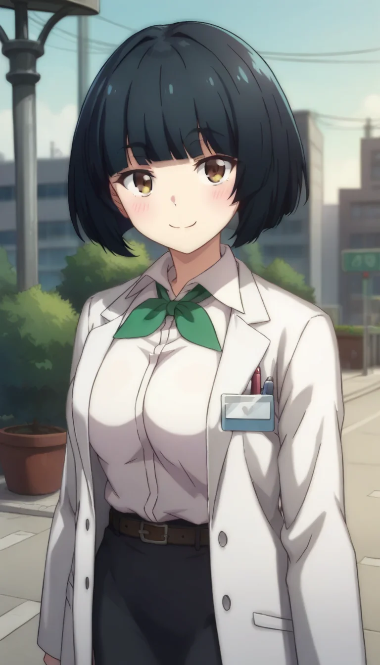 score_9,score_8_up,score_7_up,score_6_up BREAK official art,solo,outdoors,upper body,looking at viewer,facing viewer,smile,blush,Ubukata,short hair,black hair,bob cut,blunt bangs,brown eyes,labcoat,green bowtie,white shirt,collared shirt,dress shirt,long sleeves,medium breasts,skindentation,shirt tucked in,belt,pencil skirt,black skirt,high heels,black footwear,<lora:Ubukata(rf)-Pony:1.4>,