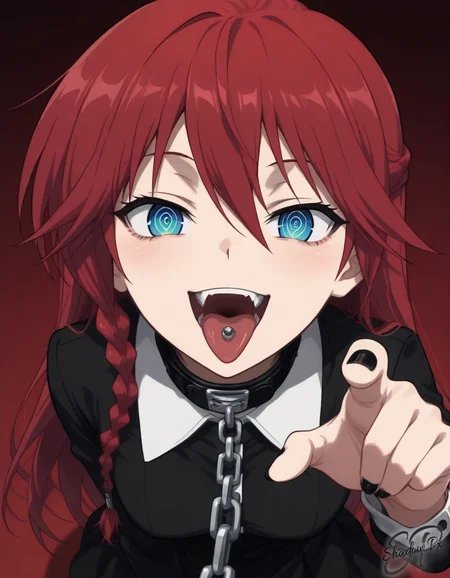 4s4m1L1l1th, masterpiece, best quality, amazing quality, very aesthetic, newest, scenery, 1girl, solo, looking at viewer, open mouth, simple background, shirt, long sleeves, dress, standing, upper body, :d, teeth, collared shirt, tongue, hand up, tongue out, nail polish, black dress, collar, black shirt, fingernails, hands up, symbol-shaped pupils, upper teeth only, fangs, chain, from above, sharp teeth, looking up, black nails, pointing, foreshortening, red background, @ @, multicolored eyes, reaching, leash, reaching towards viewer, ringed eyes, claw pose, white collar, pointing at viewer, crazy eyes, colored tongue, tongue piercing, chain leash