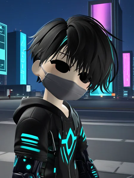 (score_9,score_8_up,score_7_up), source_anime, 3d, chibi, roblox,
solid cirle eyes, black eyes, no mouth, black hair, short hair, 1boy, upper body, (mouth mask, cyber mask), open eyes, black outfit, (neon outfit), (facing viewer:1.2), (Head Down:1.4), walking on street, cybernetic arm,
(futuristic neon city),(night cityscape),(holographic billboards),(flying cars soaring past tall skyscrapers),radiant glow,dramatic light, glowing neon