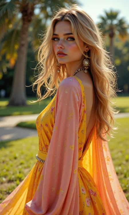 A breathtaking, high-fashion editorial photoshoot featuring Veruschka, styled in 1970s bohemian chic by designers Halston. She wears a flowy maxi dress, styled with dangly earrings. The color palette reflects the iconic tones of the decade: pastel pinks and yellows. The outfit's fabrics include lurex, perfectly capturing the aesthetic of the 70s. <lora:FLUX.1-DEV_-_Wild_1970s_Fashions_LoRA:0.8>,
break
perfectly smooth jawline, no cleft chin, soft and defined chin, symmetrical and elegant facial features, well-balanced proportions, delicate and flawless face, smooth skin texture, sharp yet gentle jawline, natural beauty, high cheekbones, soft jaw curves, sleek, even facial structure, harmonious face symmetry, no dimples or clefts, clean and graceful profile, refined and polished appearance, seamless jawline transition, fine facial detail,
break
modeling pose, expressive movement, from behind, looking back, straight-on, slight tilt, close-up, tight framing, soft breeze effect, direct eye contact,
break
8k, ultra photorealistic, cinematic lighting, warm tones with soft shadows, high dynamic range, subtle film grain, lens flare, and a warm golden-hour glow. Backgrounds feature sunny park, with slight bokeh for depth, capturing the essence of 1970s fashion in a fine art editorial style. aidmafluxpro1.1, <lora:aidmaFluxPro1.1Stylev0.2:0.7>, midjourney_whisper, <lora:midjourney_whisper_flux_lora_v01:0.5>,