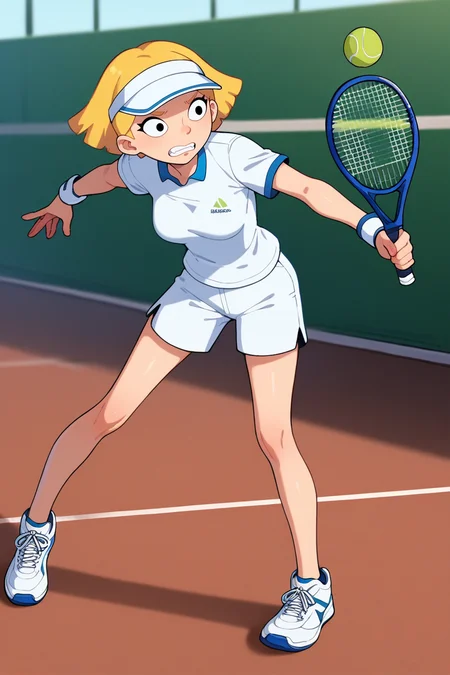 score_9, score_8_up, score_7_up, score_6_up,source_cartoon, BREAK olga pataki, playing tennis, blonde hair, black eyes, short hair, white t-shirt, white shorts, white visor cap,white sneakers, tennis racket, official style, round nose, dynamic pose,clenched teeth, single tennis ball, <lora:OlgaPony:1>